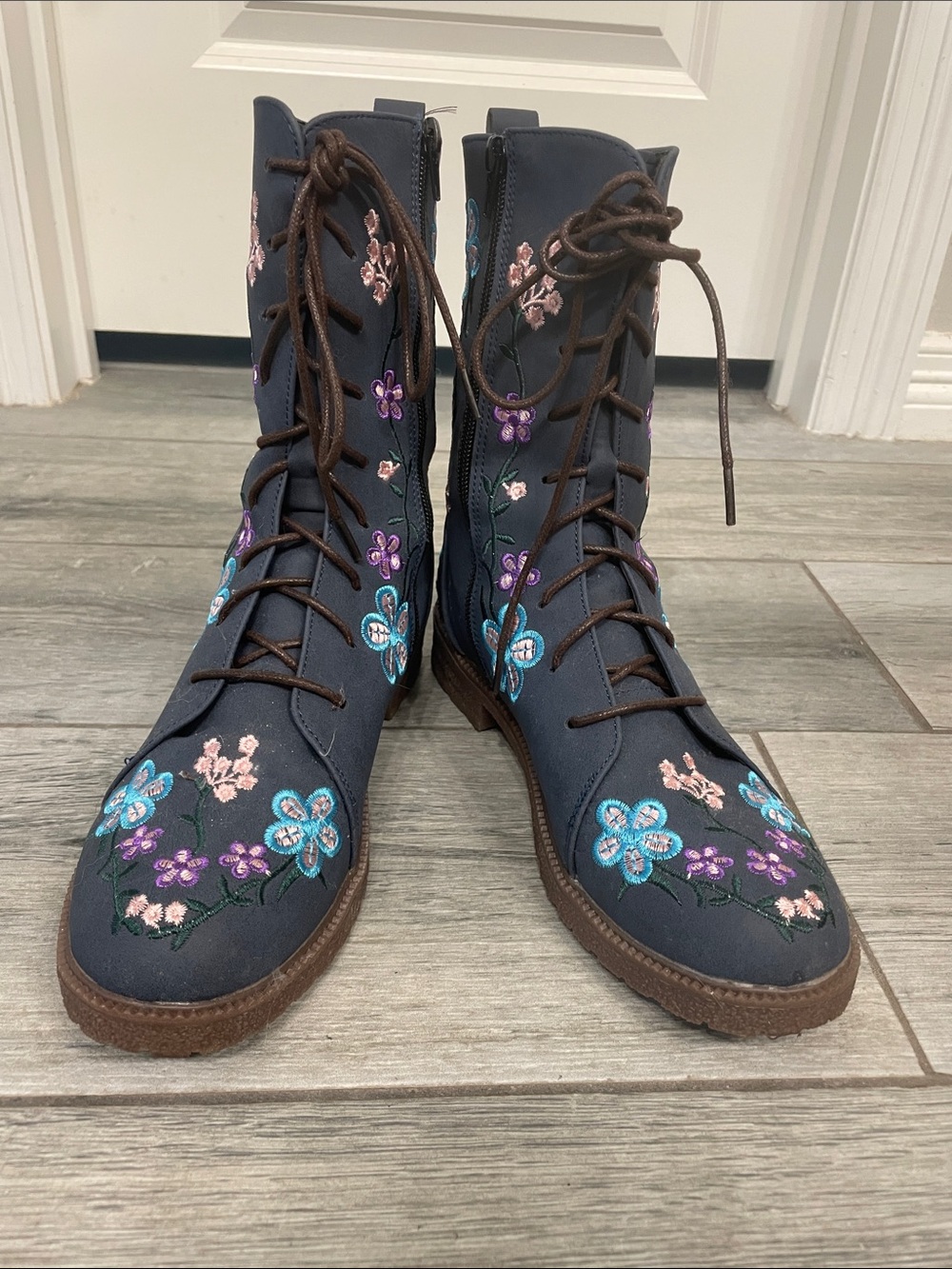 Embroidered Navy Floral Lace-Up Women's Boots